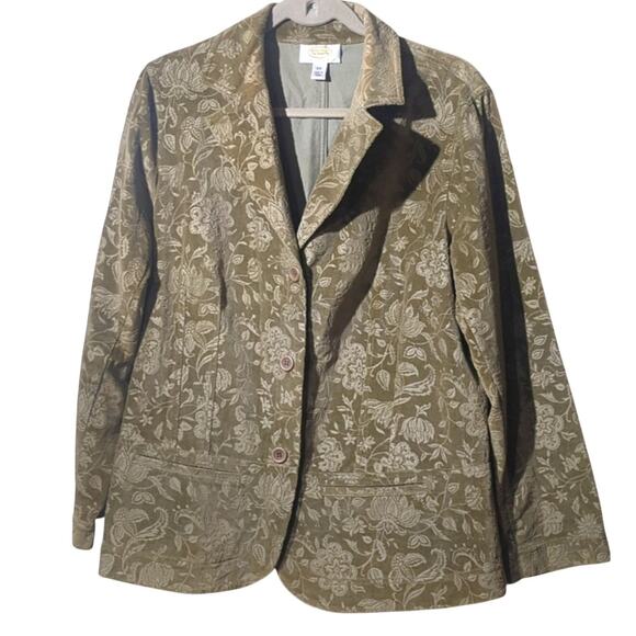 Talbots Jackets & Blazers - Vtg Talbots Tan Floral Embossed Velour 100% Cotton Unlined Blazer Plus Sz. 12W